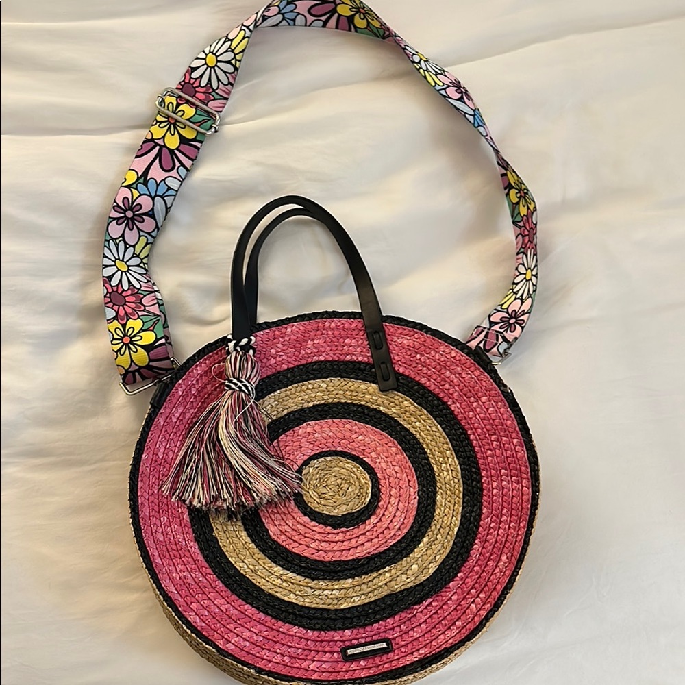 Rebecca Minkoff Pink and Tan Round Straw Bag with Floral Strap